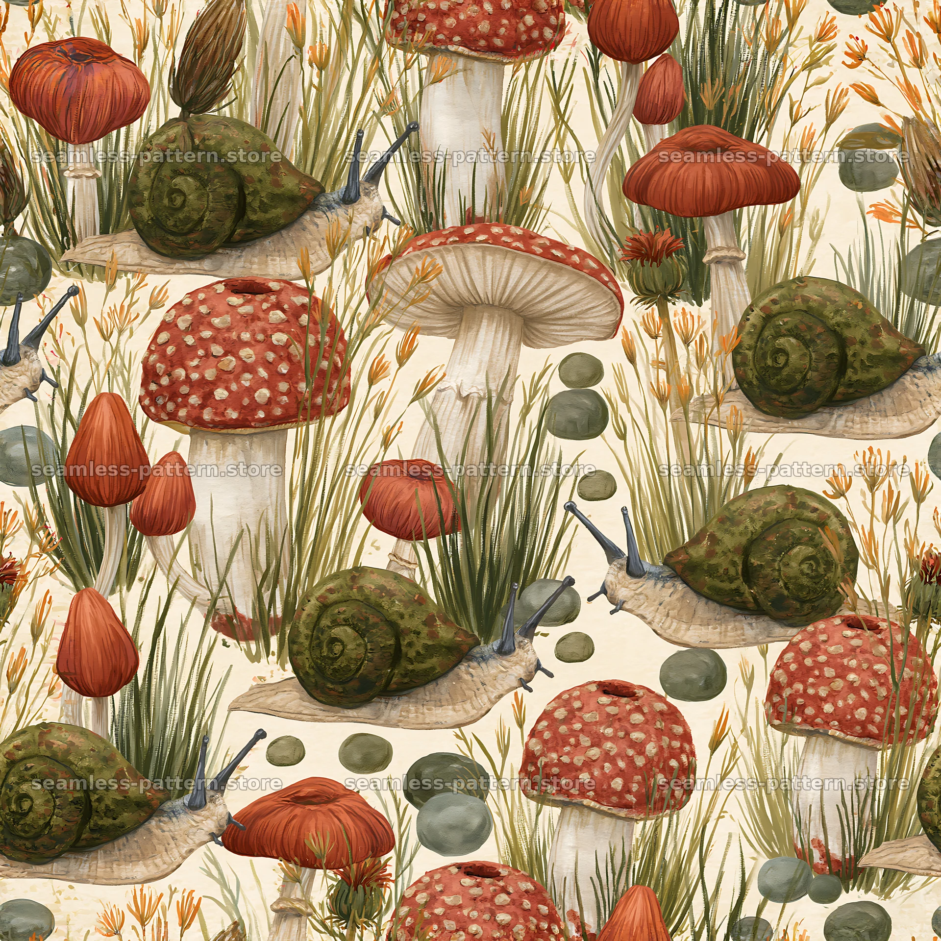 Seamless pattern featuring cute snails and mushrooms — seamless tileable pattern