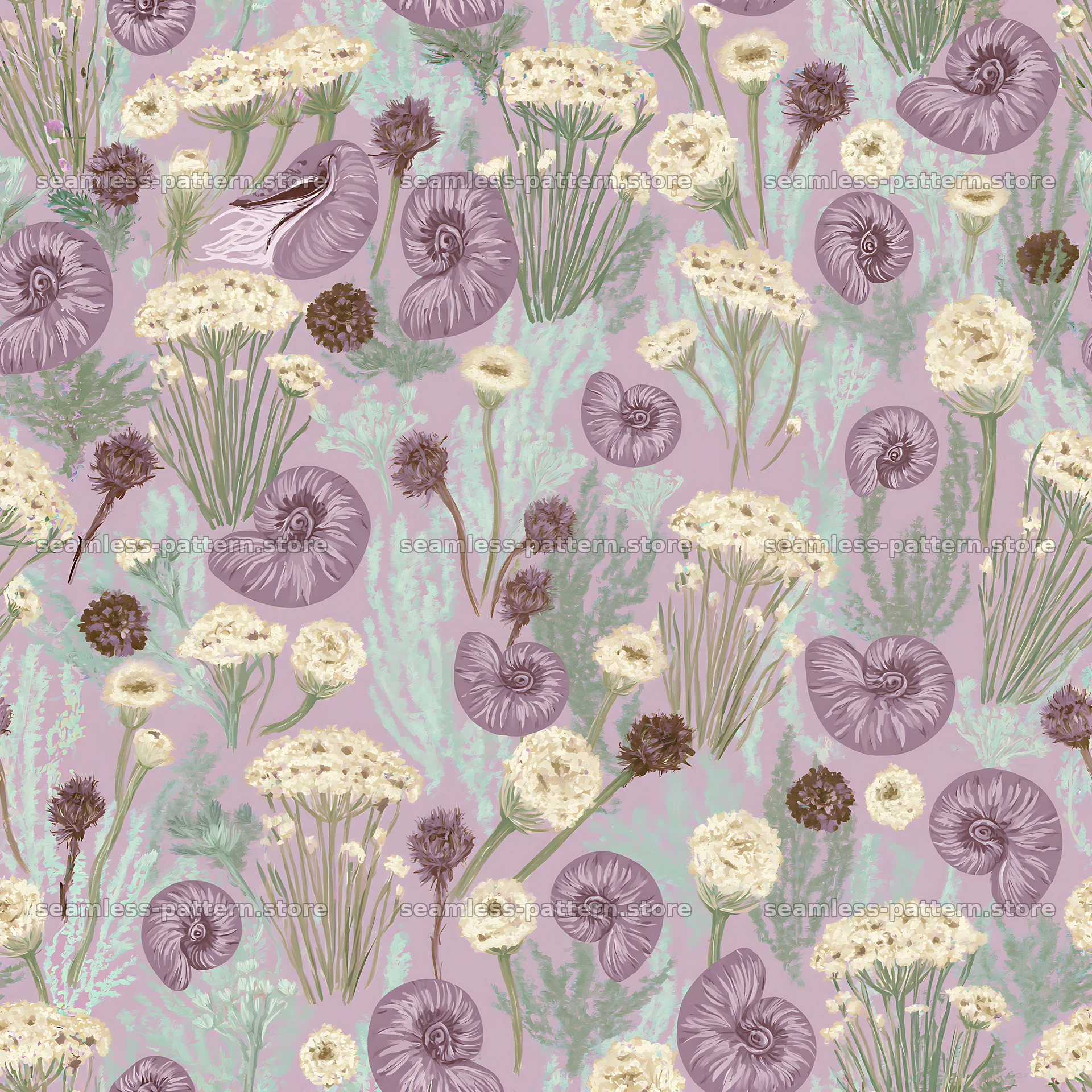 Seamless pattern of spiral shells and moss in soft colors — seamless tileable pattern