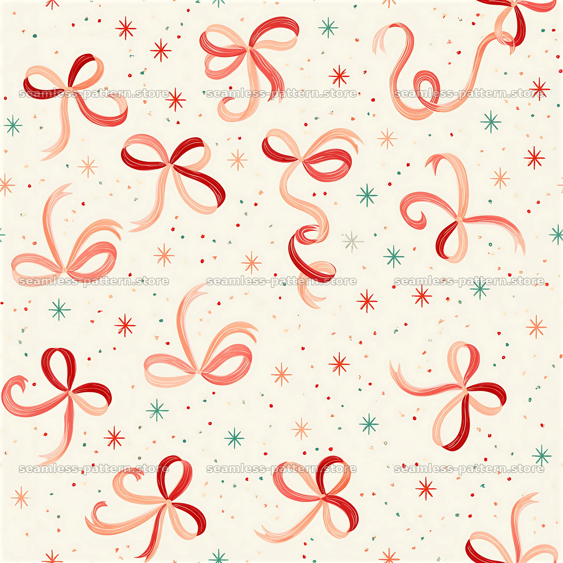 Repeat festive ribbon pattern with bows and decorative stars — seamless tileable pattern at 8192x8192