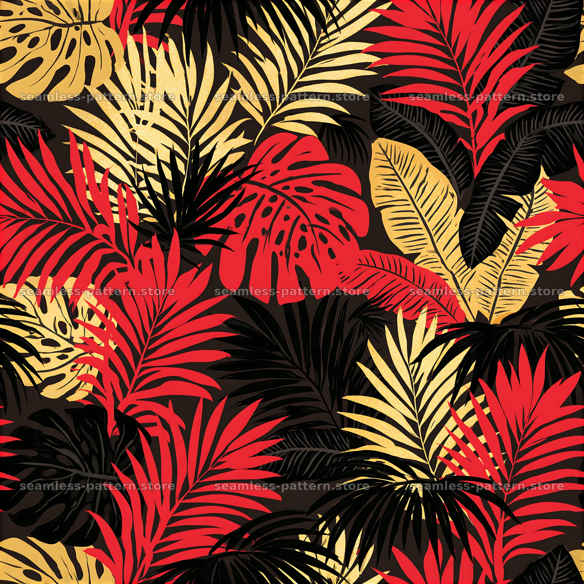 Tropical leaf black red gold repeating pattern with bold colors and shapes — seamless tileable pattern at 8192x8192