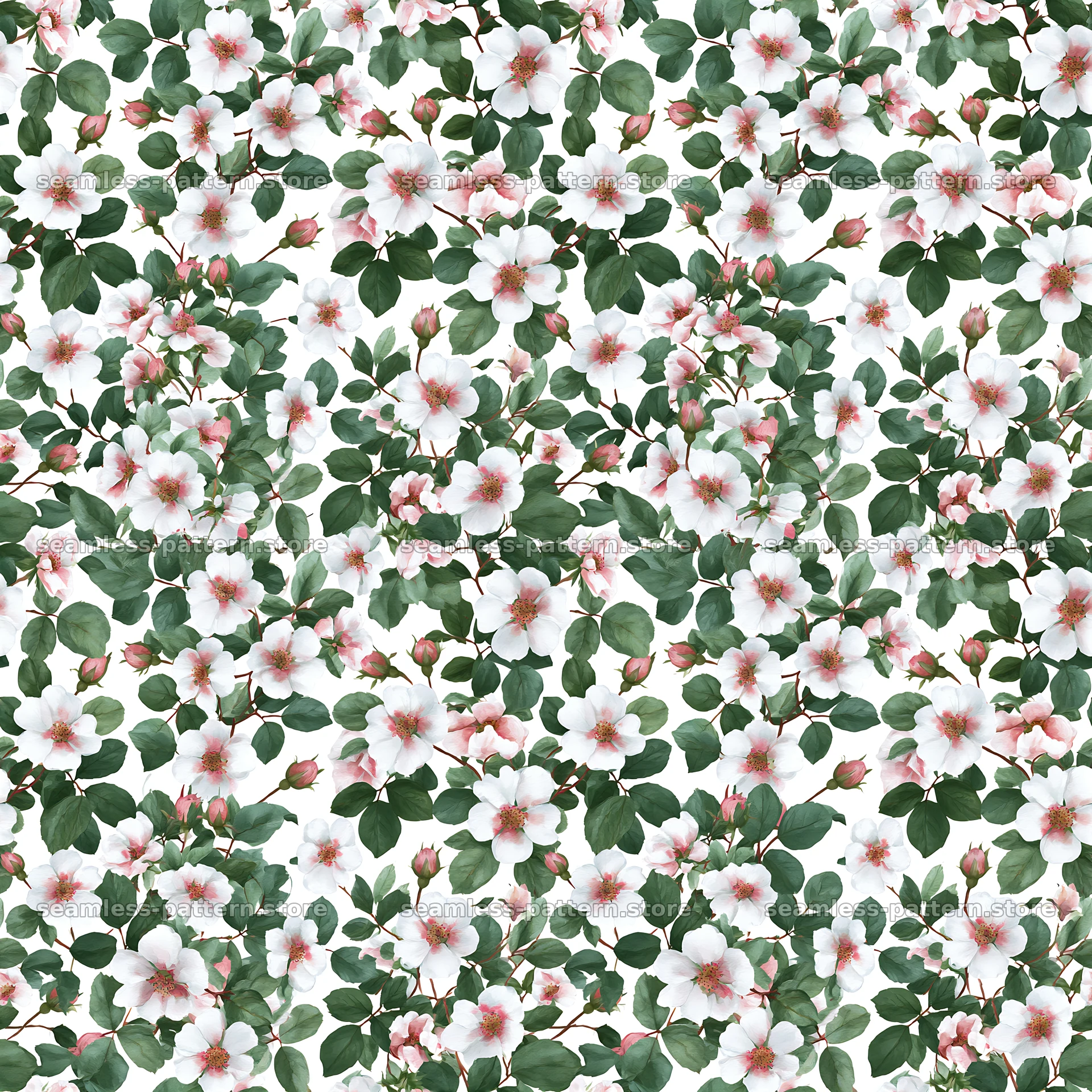 Seamless watercolor rose pattern with green leaves and pink blooms — seamless tileable pattern at 8192x8192