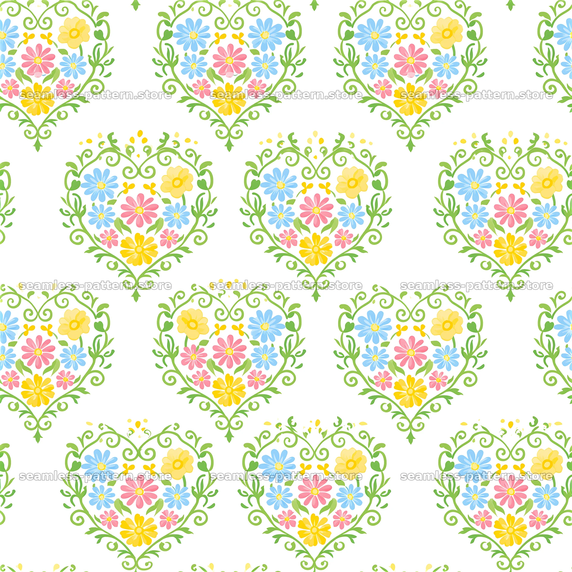 Floral heart medallions repeat pattern with flowers and greenery — seamless tileable pattern at 8192x8192