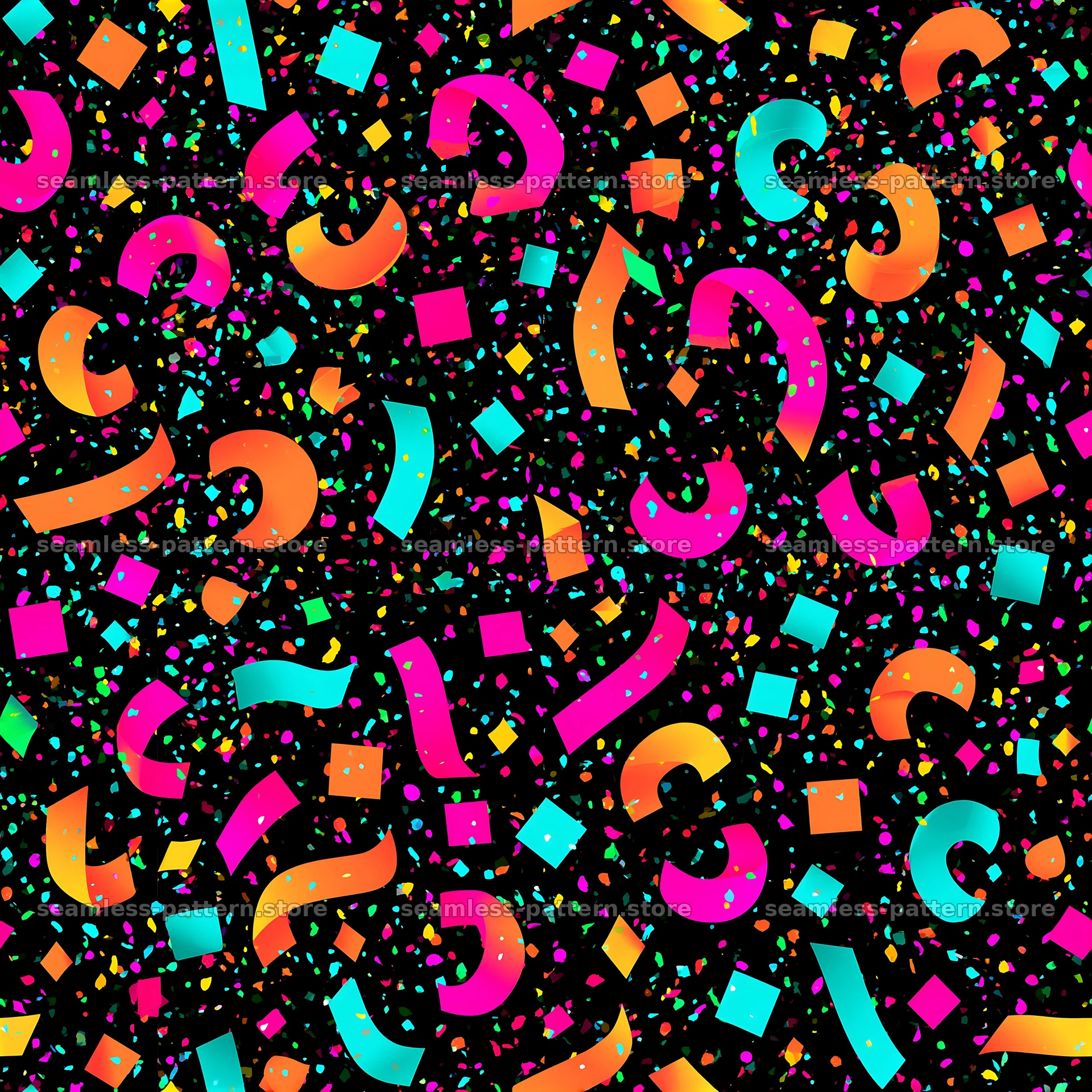 Vibrant confetti repeat pattern with colorful shapes on black — seamless tileable pattern at 8192x8192