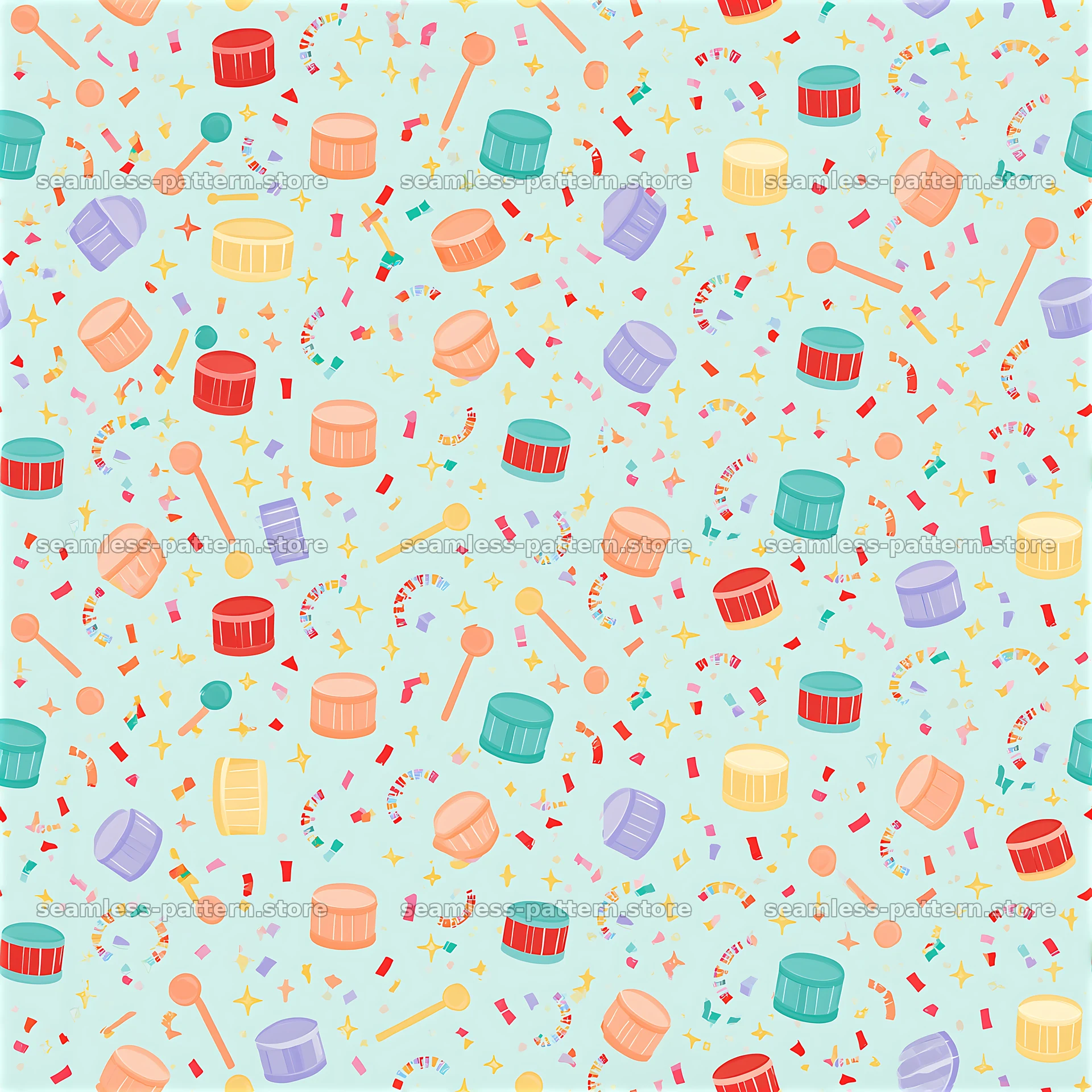 Colorful festive drums seamless pattern in bright colors and shapes — seamless tileable pattern at 8192x8192