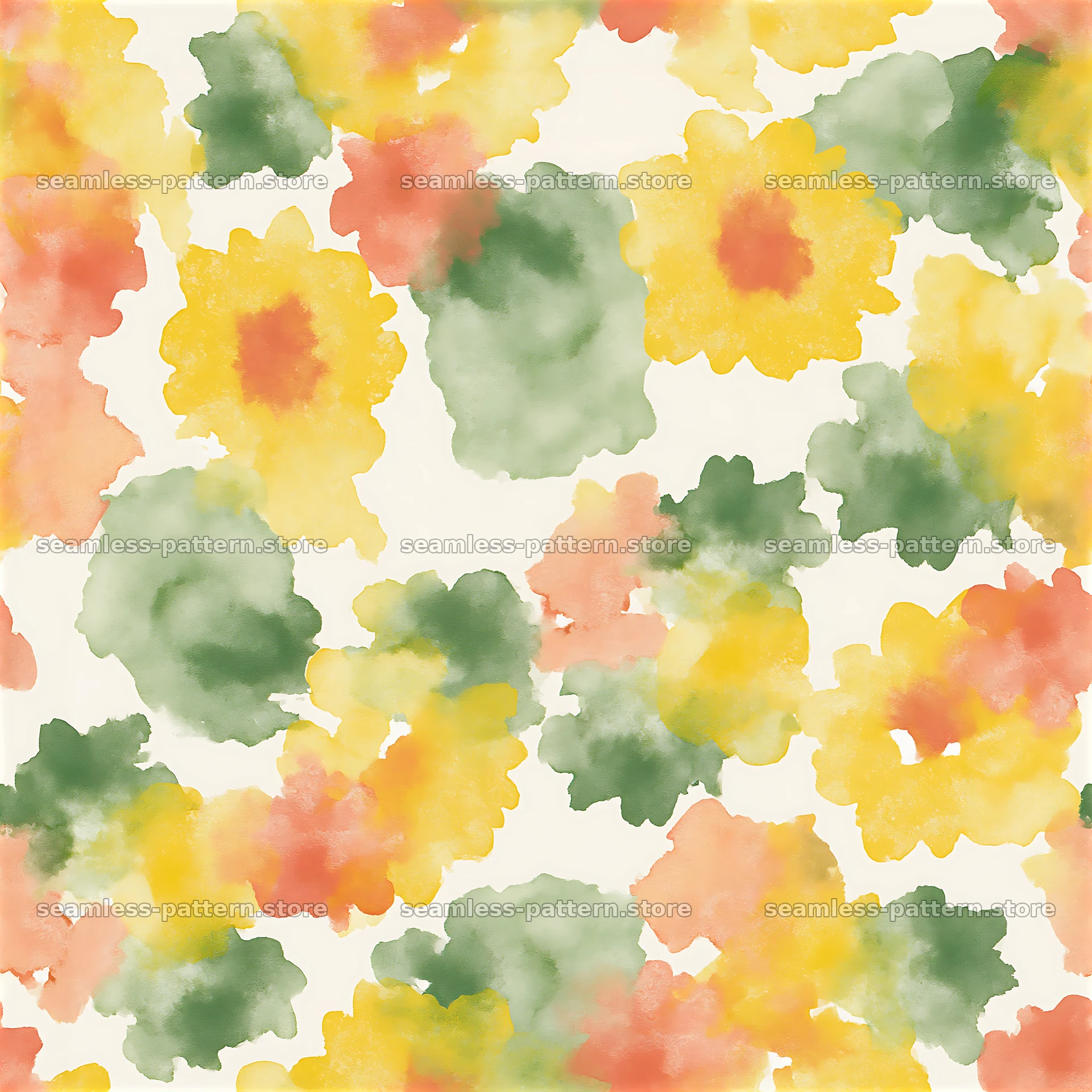 Repeating watercolor wash pattern with flowers in soft colors — seamless tileable pattern at 8192x8192