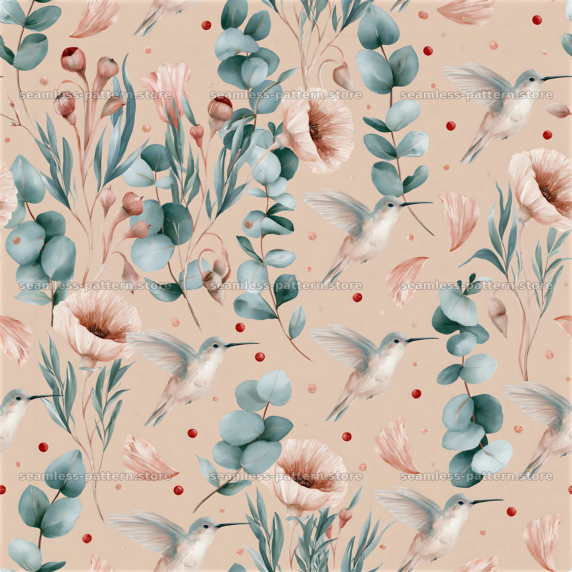 Seamless watercolor hummingbird pattern features flowers and leaves — seamless tileable pattern at 8192x8192