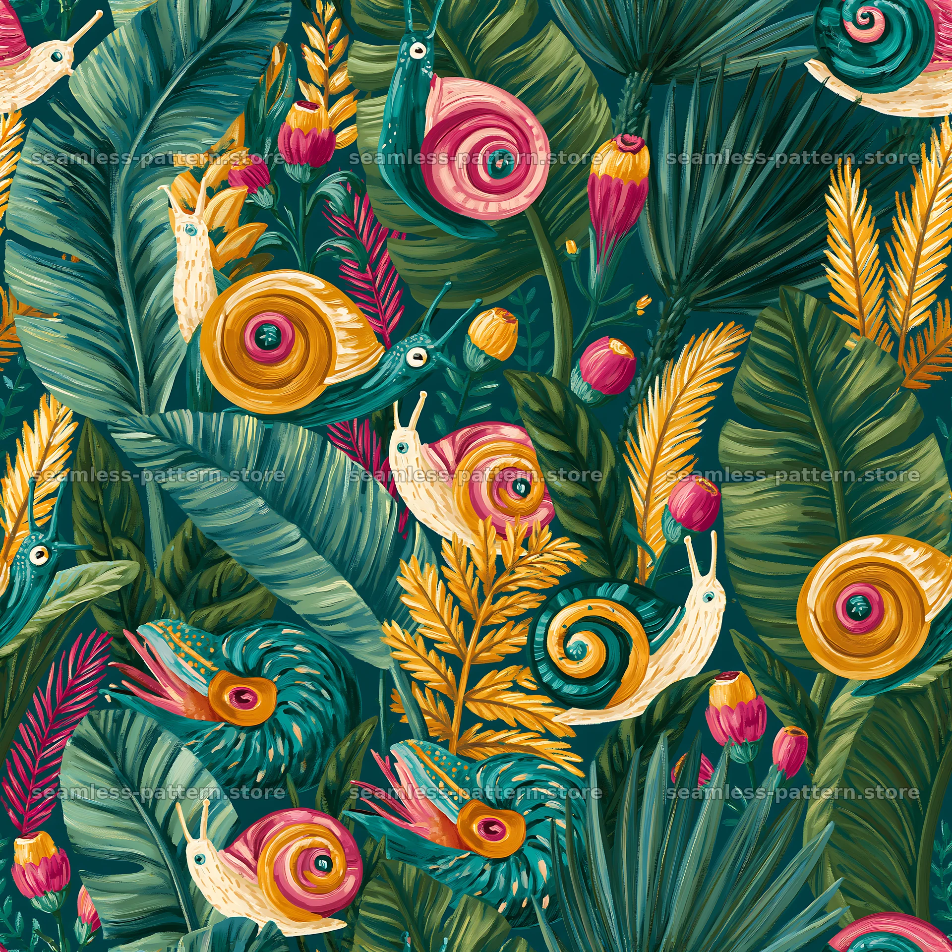 Whimsical snails and foliage seamless pattern for textiles — seamless tileable pattern