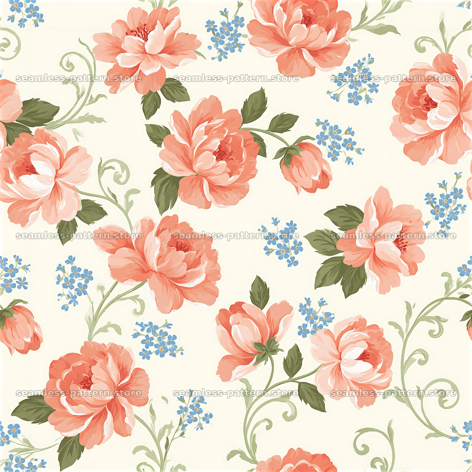 Romantic flower seamless pattern with pink blooms and green leaves — seamless tileable pattern at 8192x8192