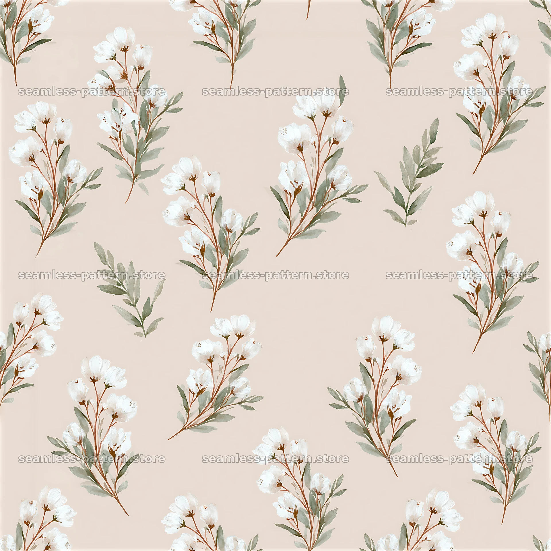 Tileable watercolor floral sprig pattern on light background — seamless tileable pattern at 8192x8192