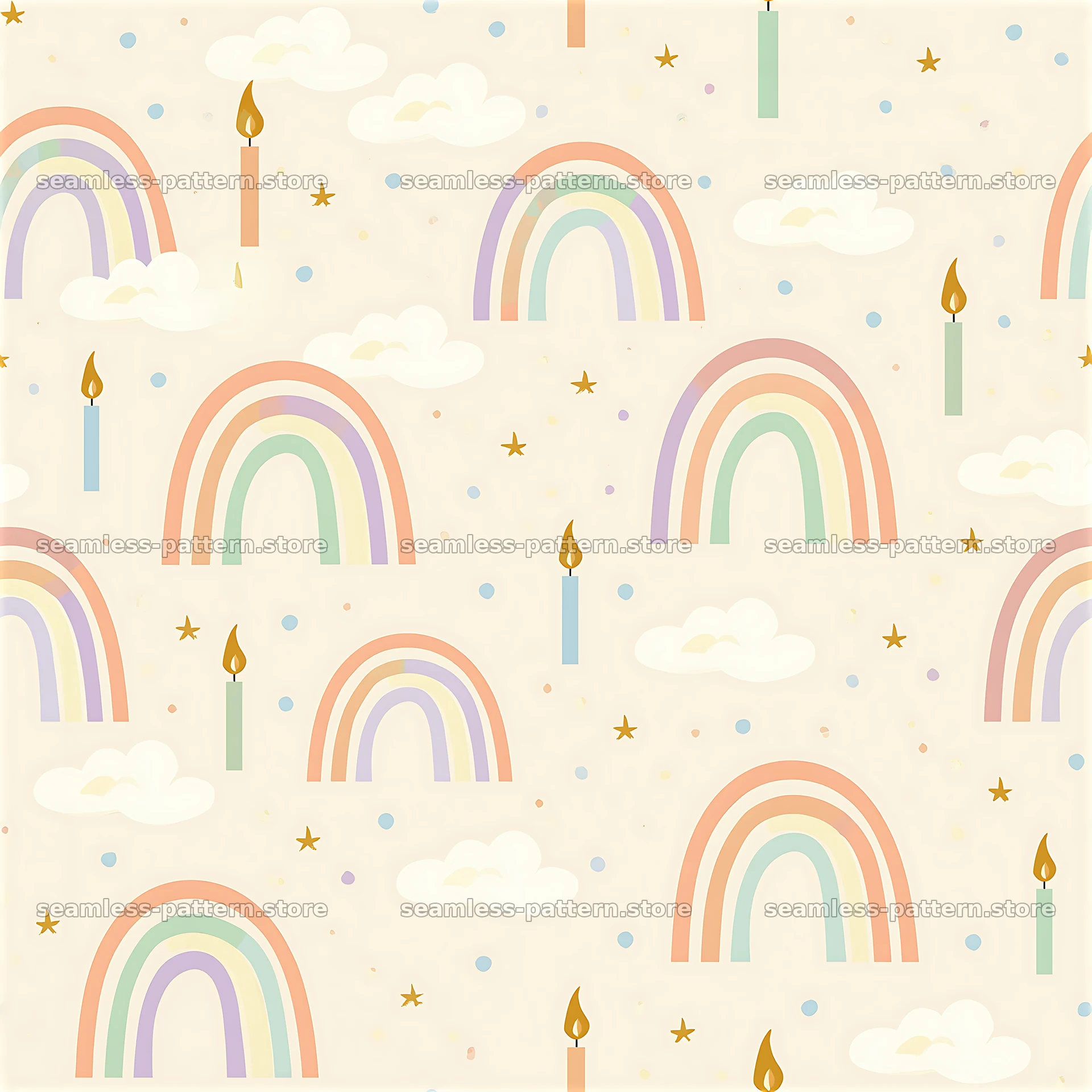 Birthday rainbow pastel seamless pattern with candles and clouds — seamless tileable pattern at 8192x8192