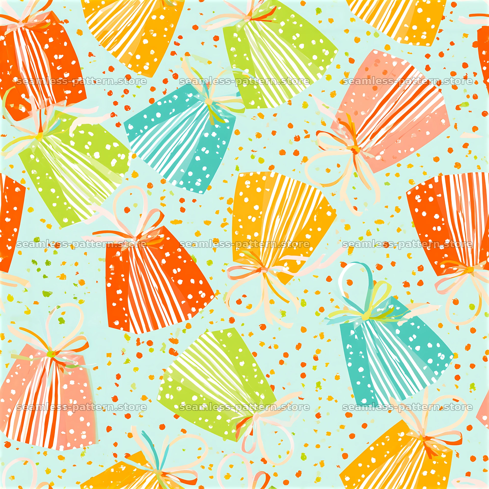Repeating pattern with decorative gift bags in vibrant colors — seamless tileable pattern at 8192x8192