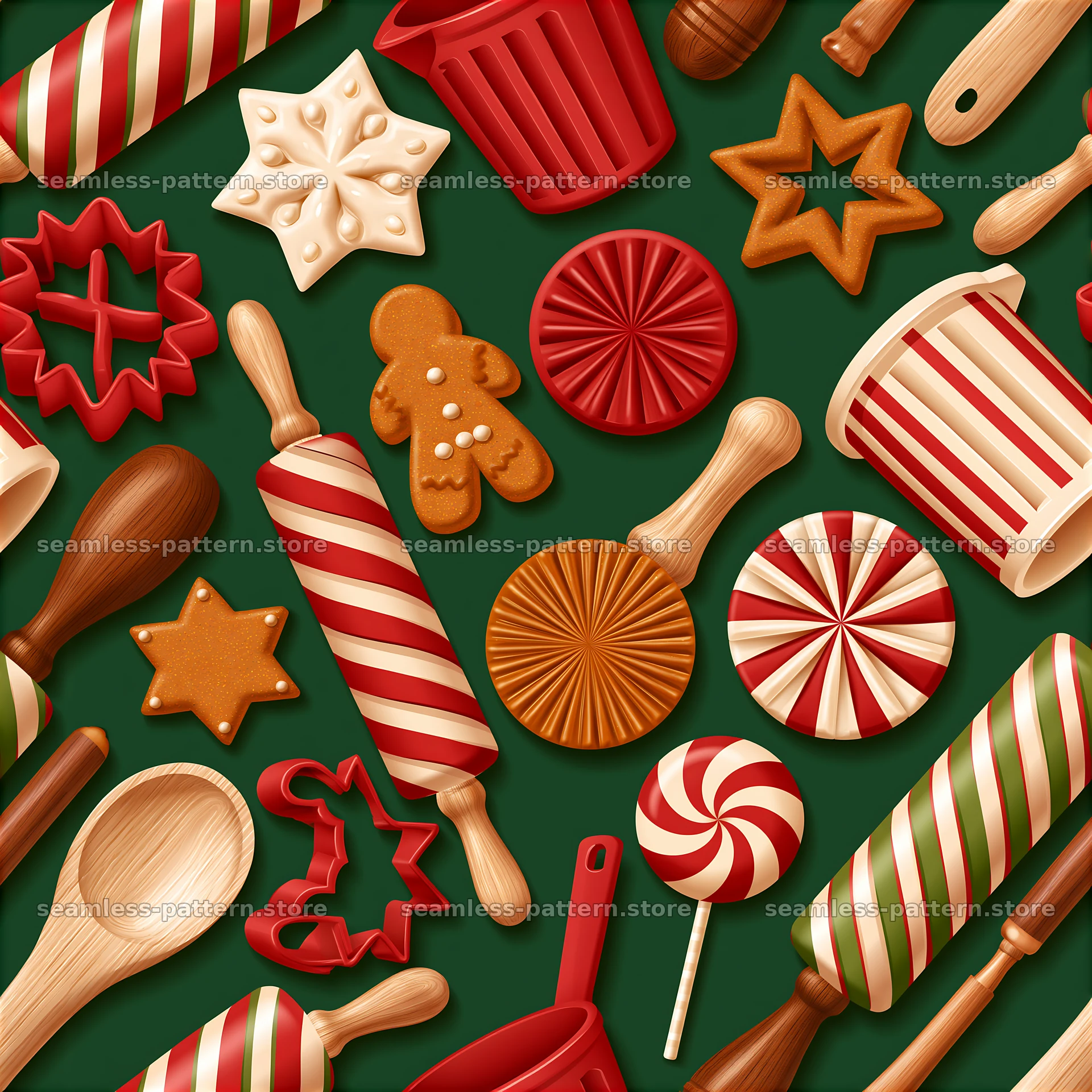 Colorful Christmas seamless pattern with holiday baking utensils — seamless tileable pattern at 8192x8192