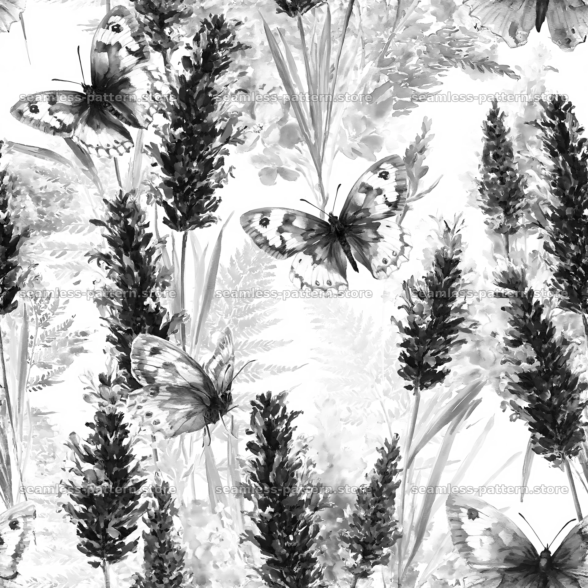 Butterfly and lavender seamless pattern in black and white — seamless tileable pattern