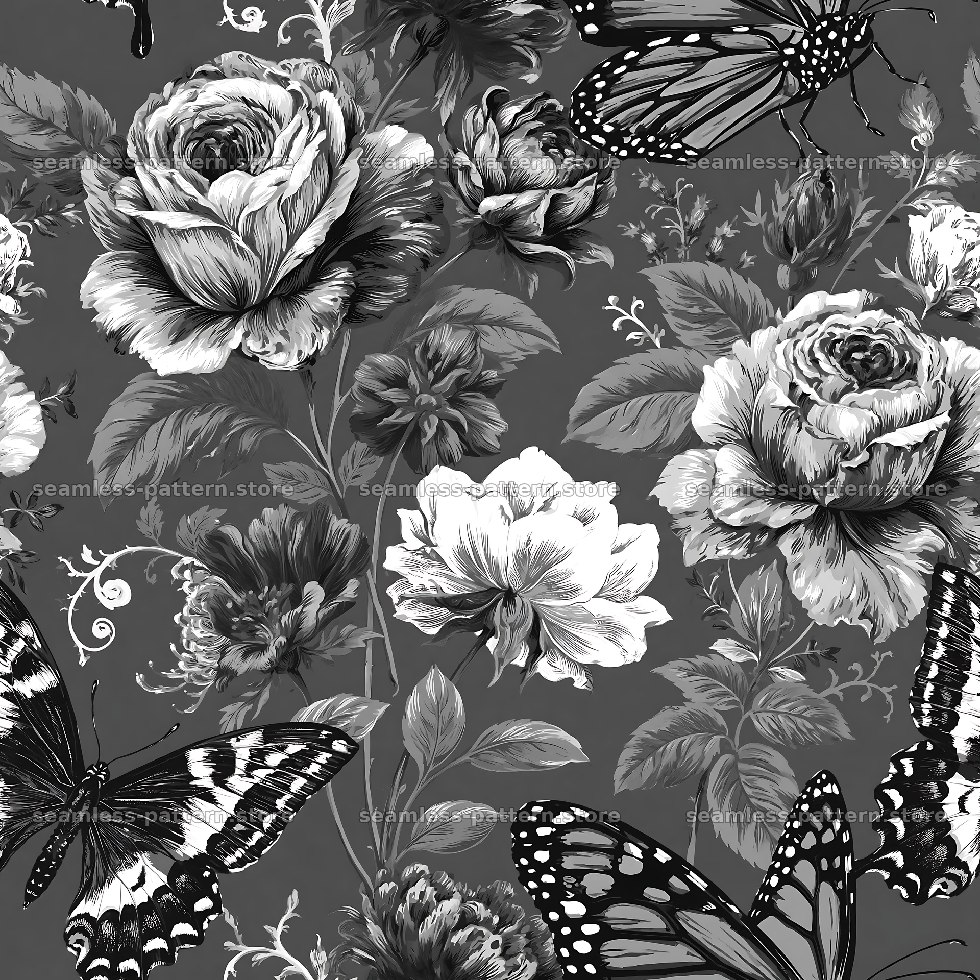 Butterfly and rose seamless pattern in black and white — seamless tileable pattern