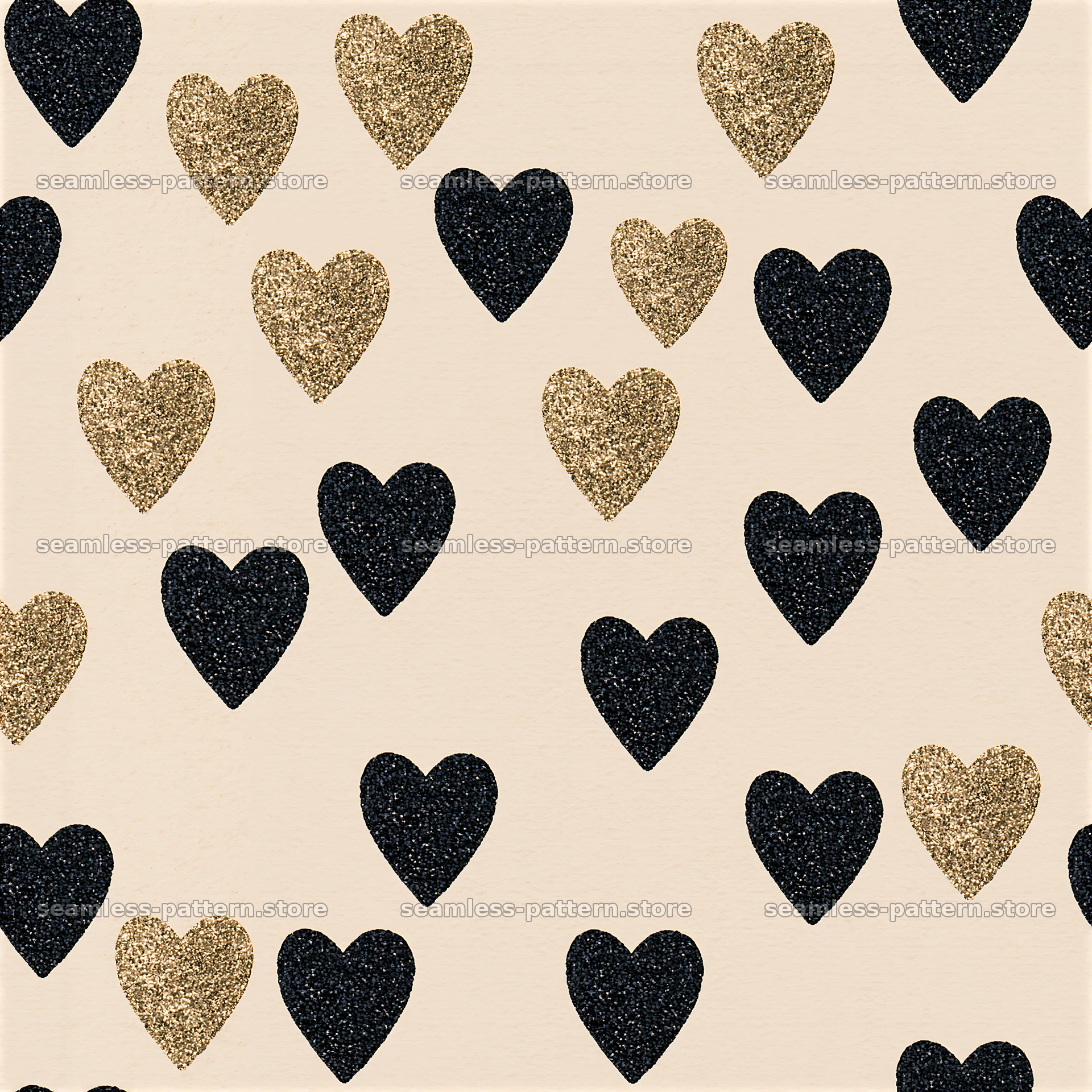 Seamless glitter heart pattern with black and gold hearts on light background — seamless tileable pattern at 8192x8192