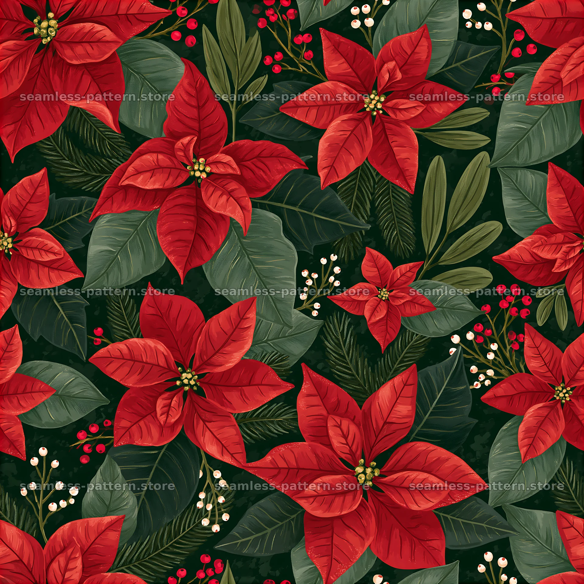 Seamless Christmas card pattern featuring red poinsettias — seamless tileable pattern at 8192x8192