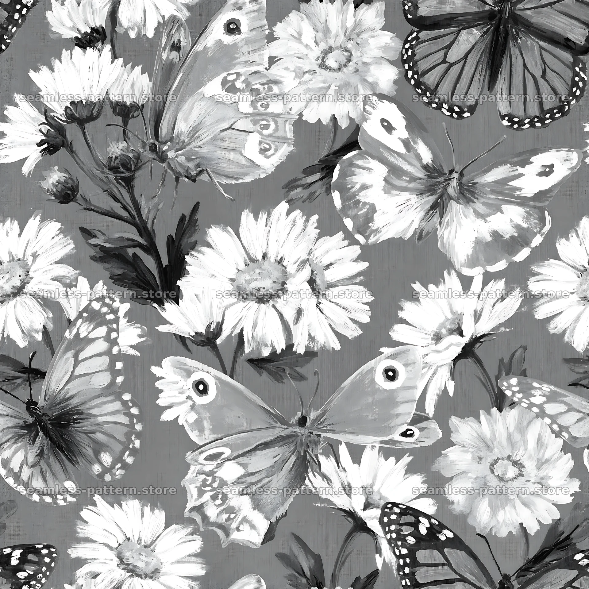 Butterfly and daisy seamless pattern in black and white — seamless tileable pattern
