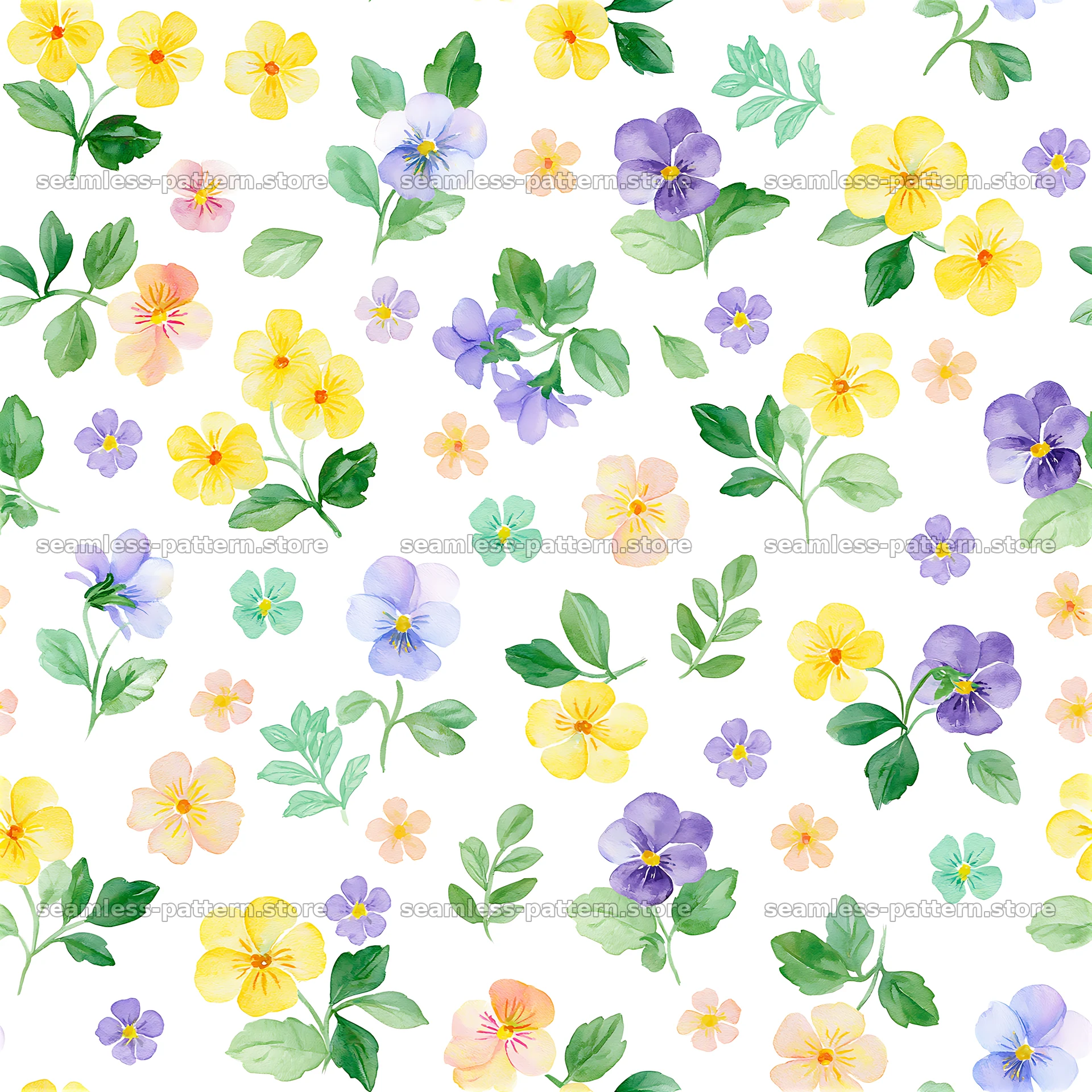 Watercolor floral repeating pattern with colorful blooms and leaves — seamless tileable pattern at 8192x8192