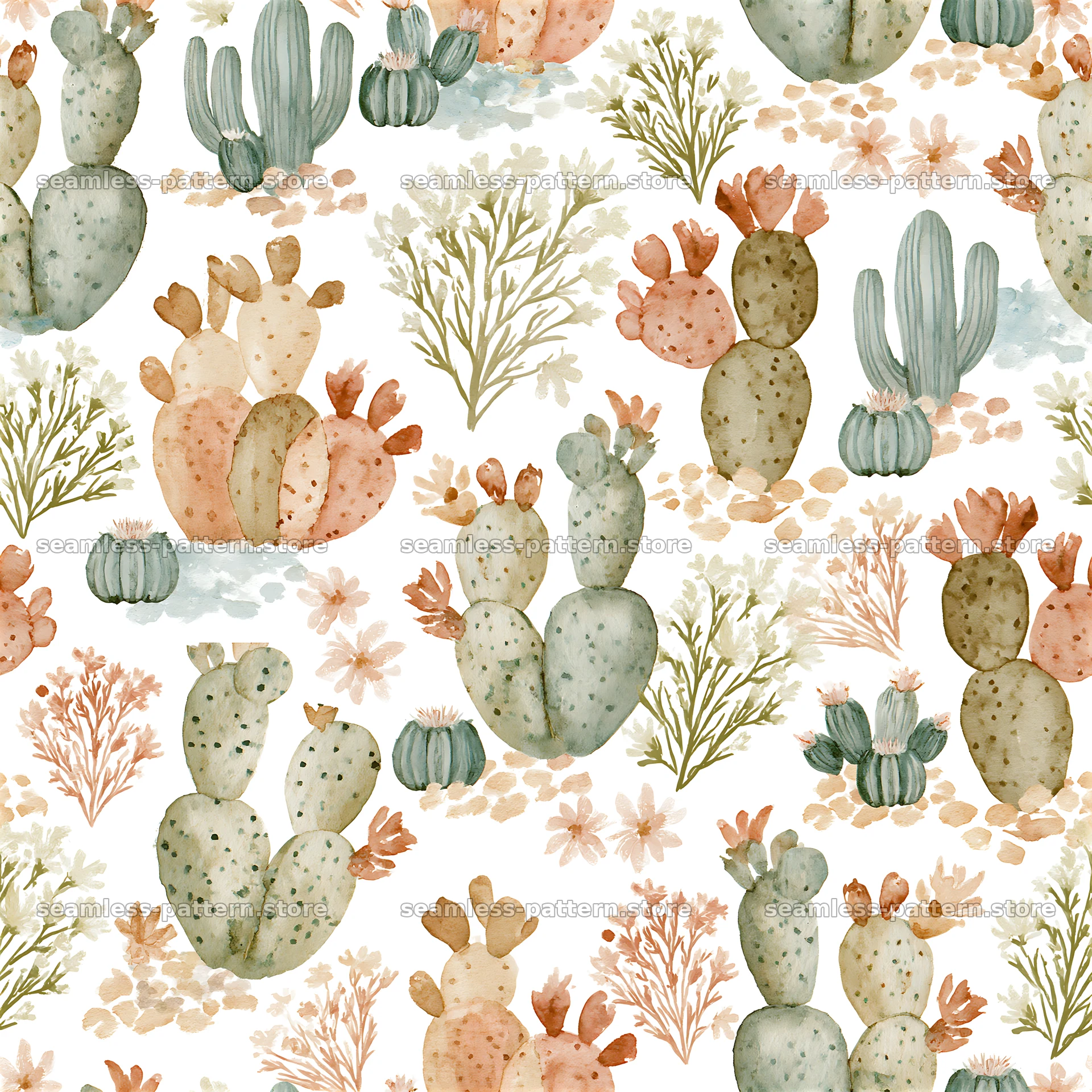 Seamless watercolor desert pattern with cacti and desert plants — seamless tileable pattern at 8192x8192