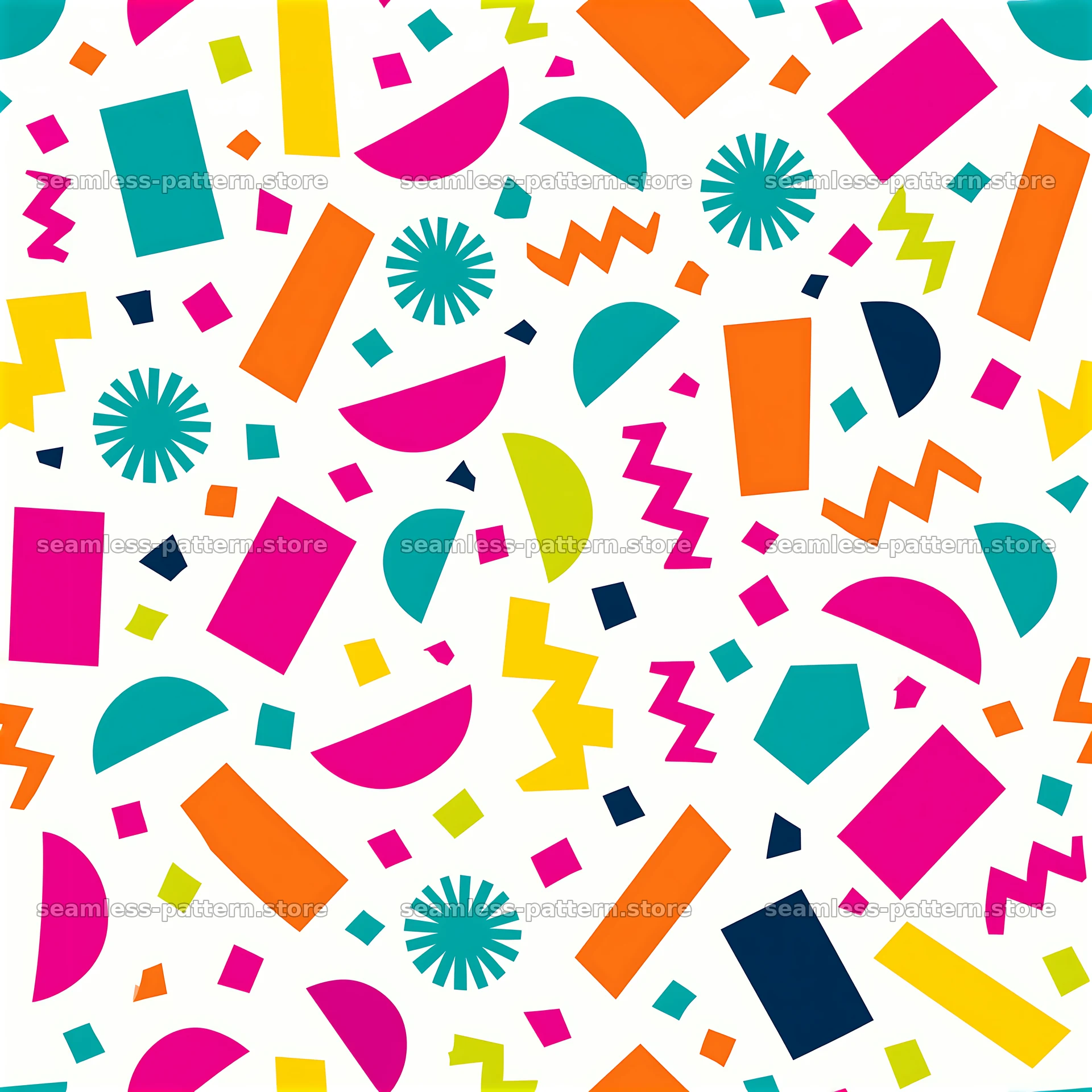 Joyful confetti seamless pattern with colorful shapes and icons — seamless tileable pattern at 8192x8192