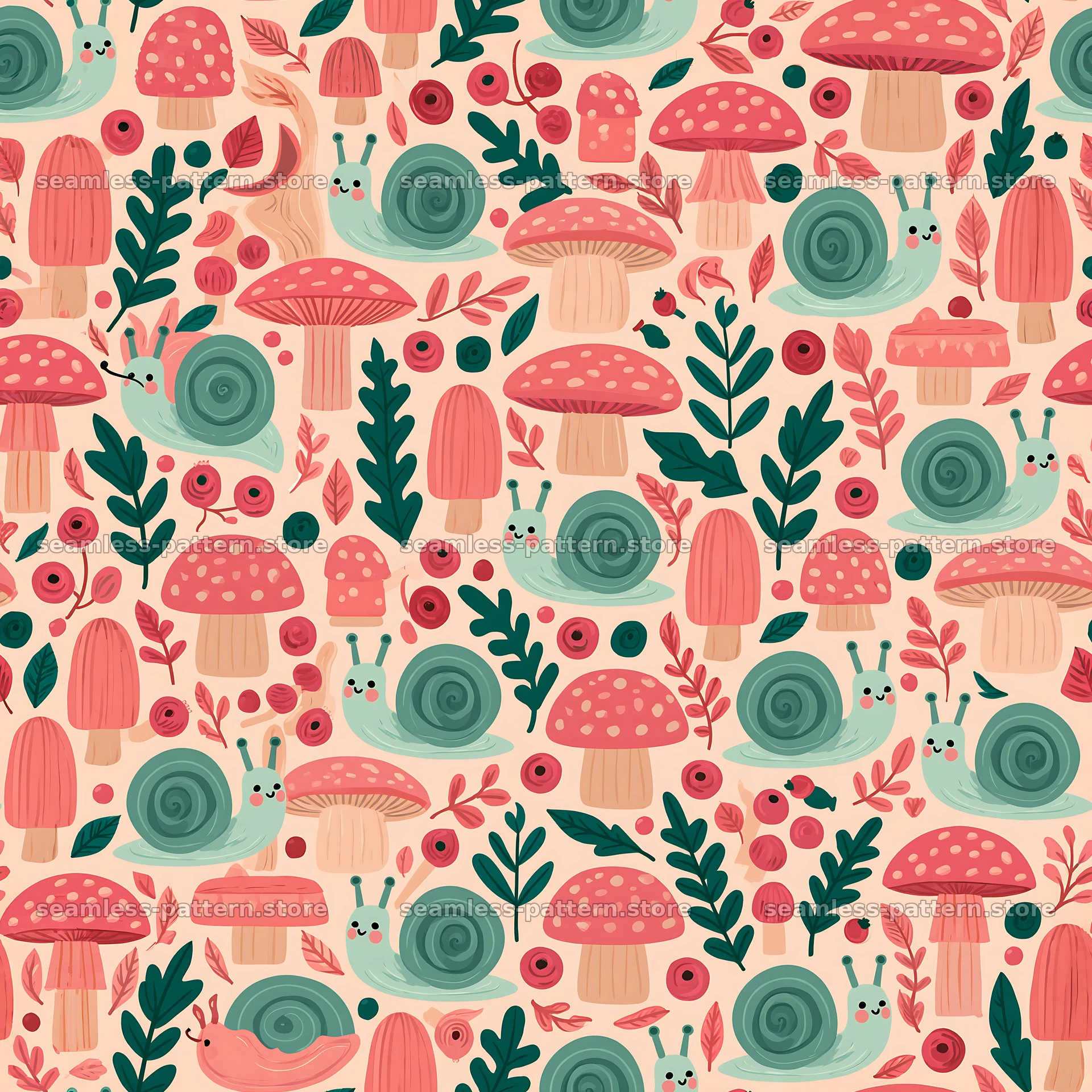 Seamless pattern featuring cute snails and mushrooms — seamless tileable pattern