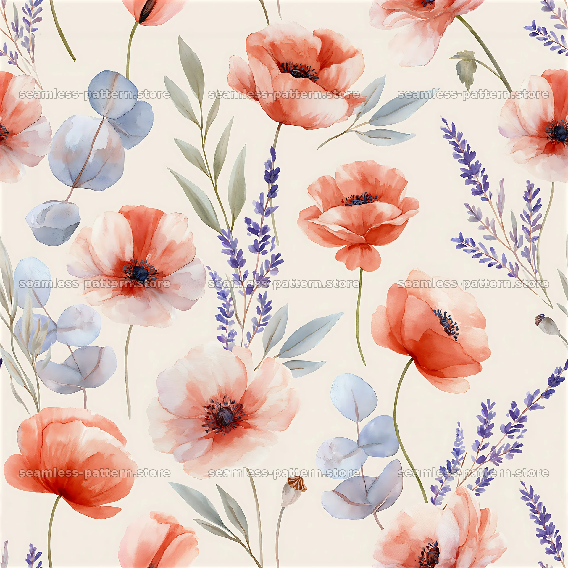 Soft floral watercolor design with red flowers and green leaves — seamless tileable pattern at 8192x8192