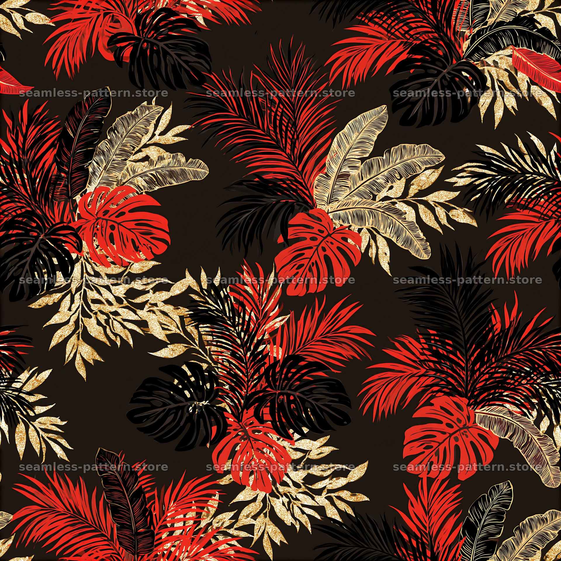 Tropical leaf black red gold repeating pattern with vivid foliage — seamless tileable pattern at 8192x8192