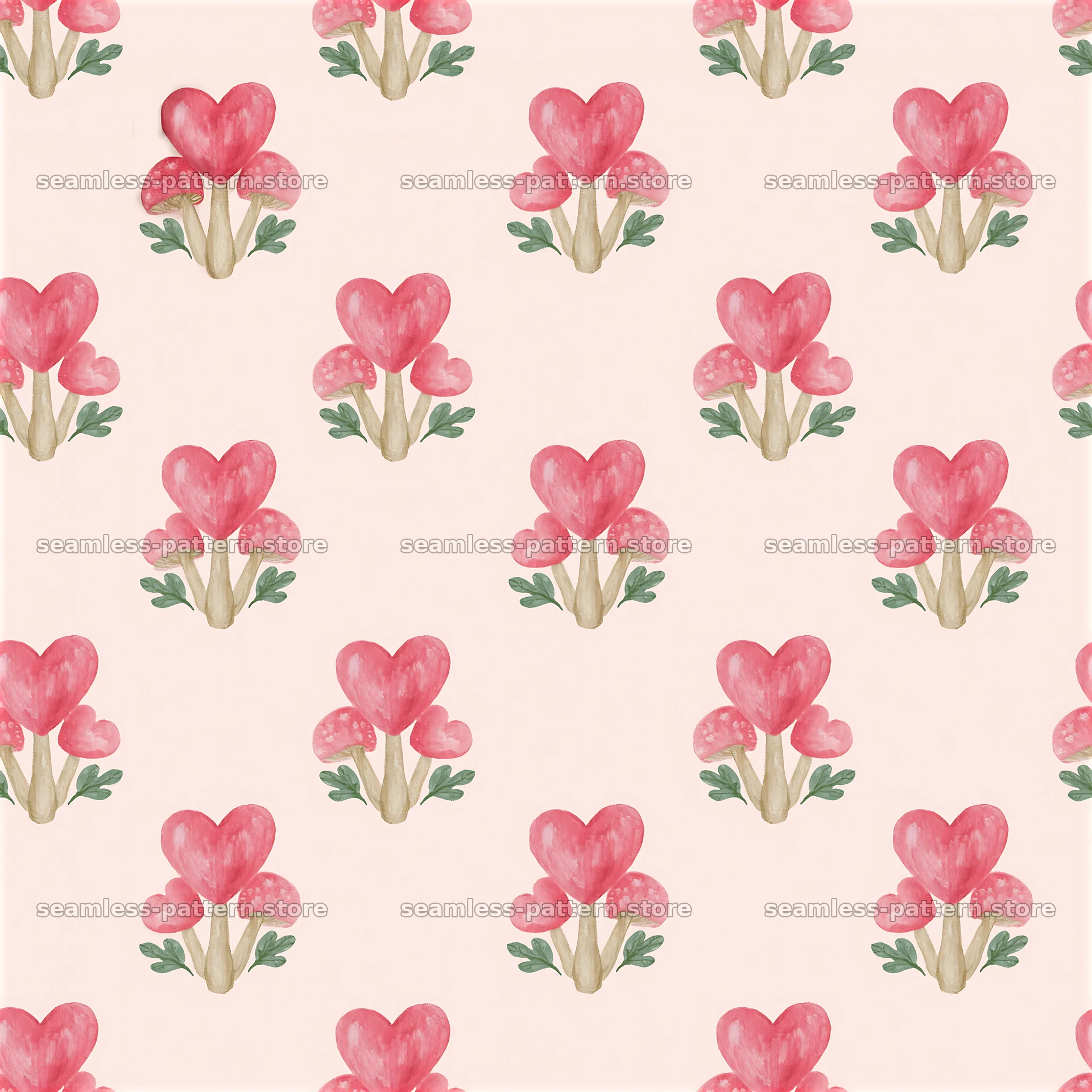 Heart mushrooms repeating pattern with pink and green elements — seamless tileable pattern at 8192x8192