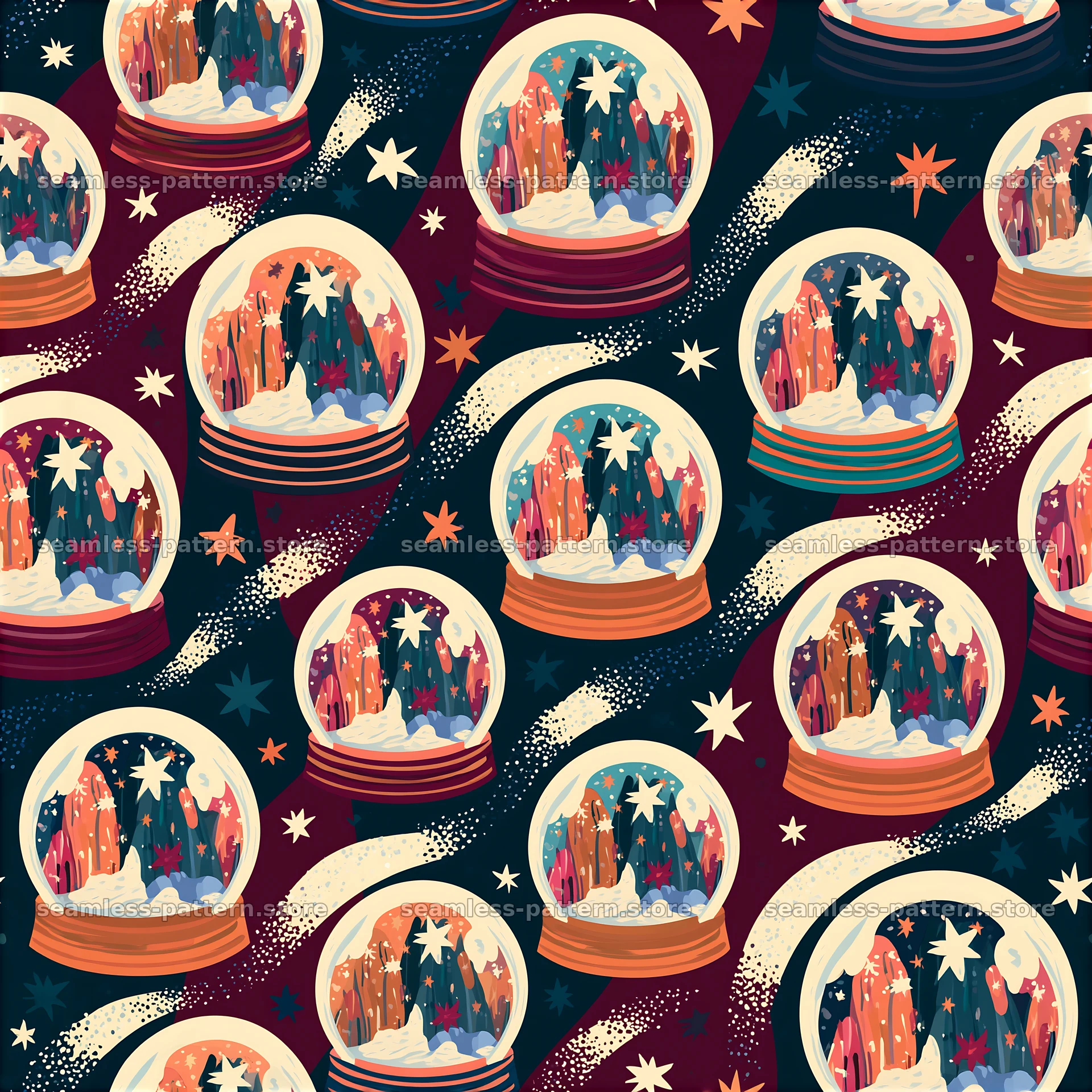 Colorful festive snow globes seamless pattern — seamless tileable pattern at 8192x8192