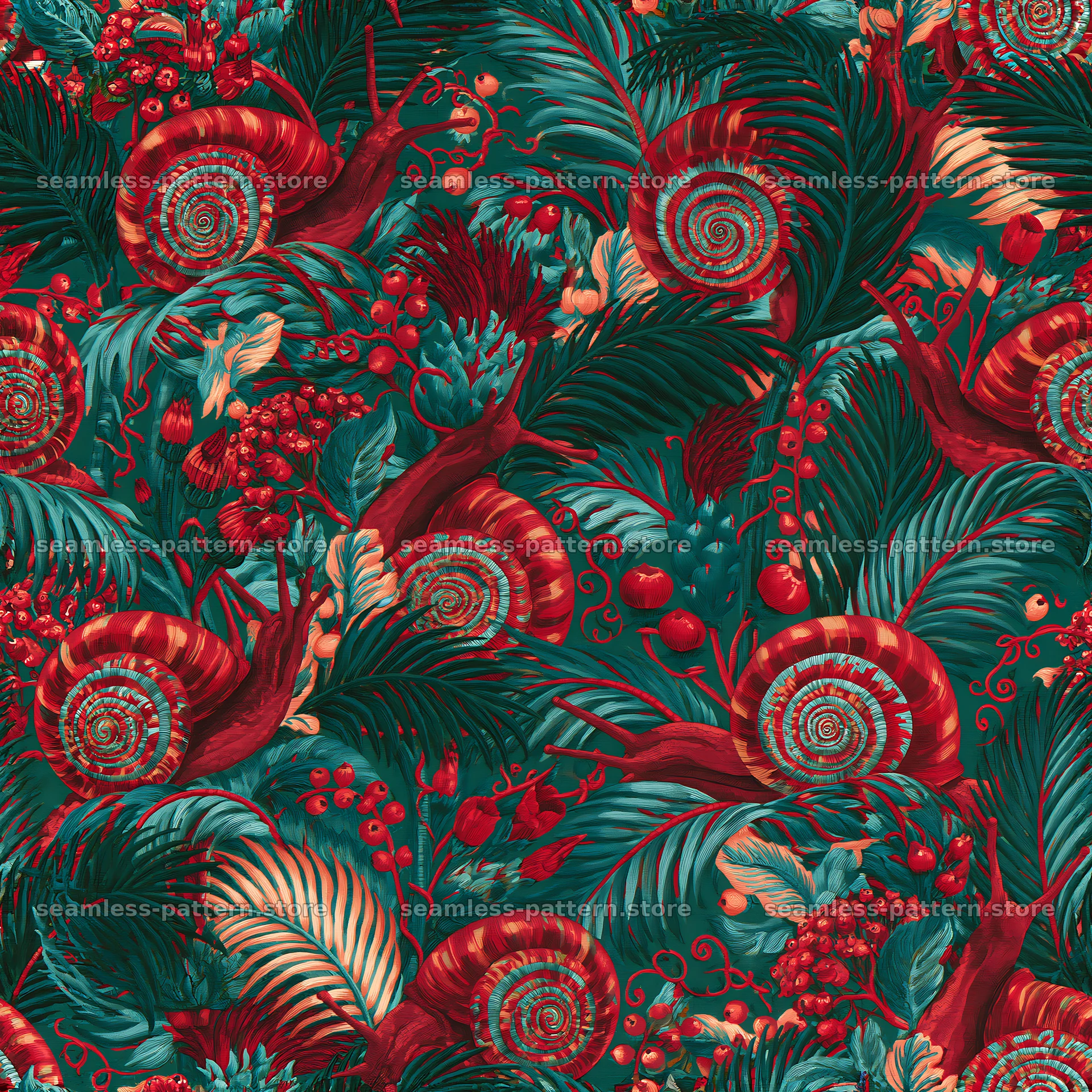 Crimson snail repeating pattern with foliage and floral motifs — seamless tileable pattern