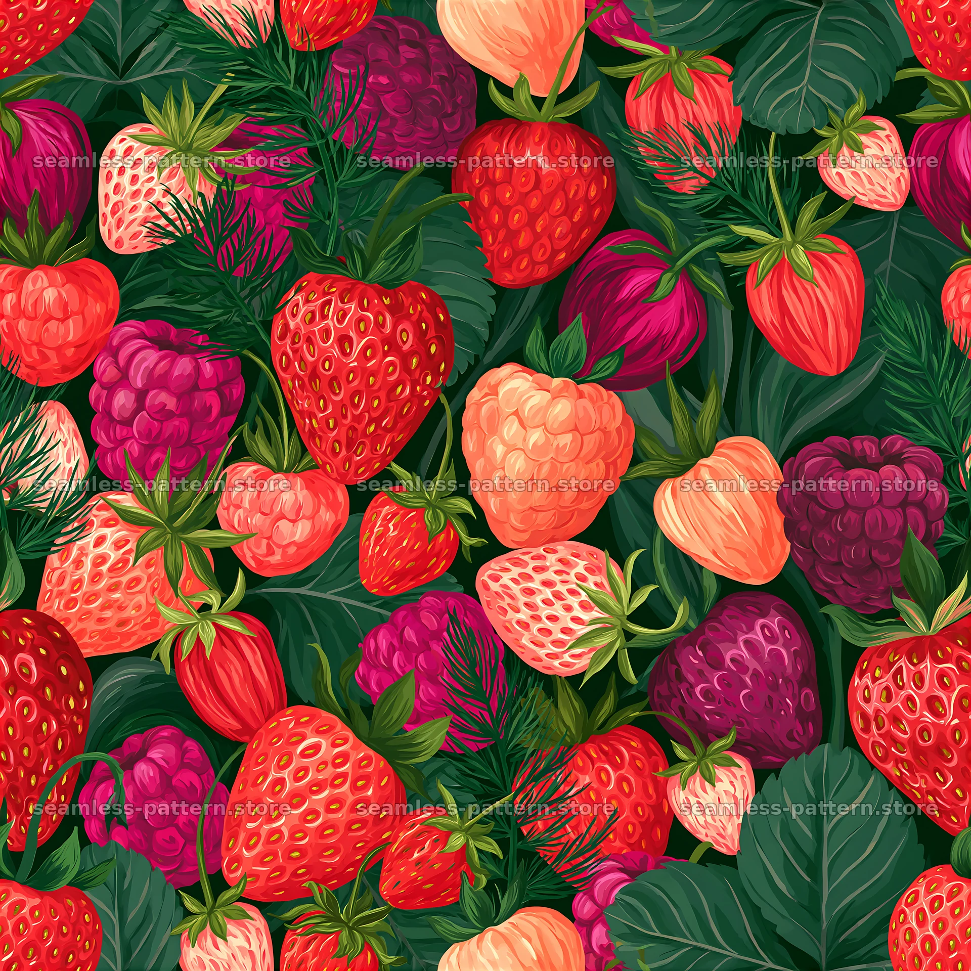 Colorful strawberries seamless pattern with other berries and leaves — seamless tileable pattern at 8192x8192