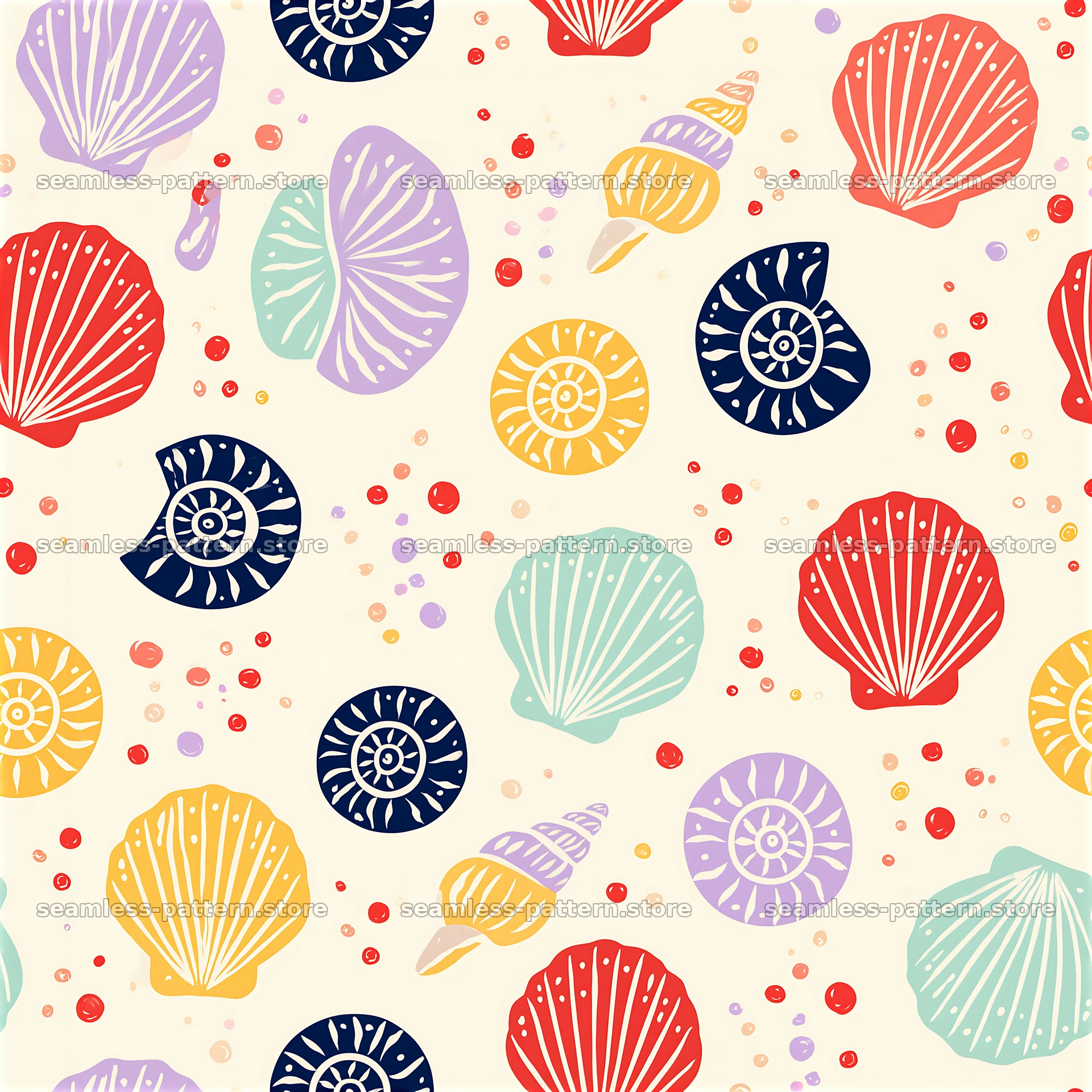 Vibrant seashells create a seamless pattern on a light background — seamless tileable pattern at 8192x8192