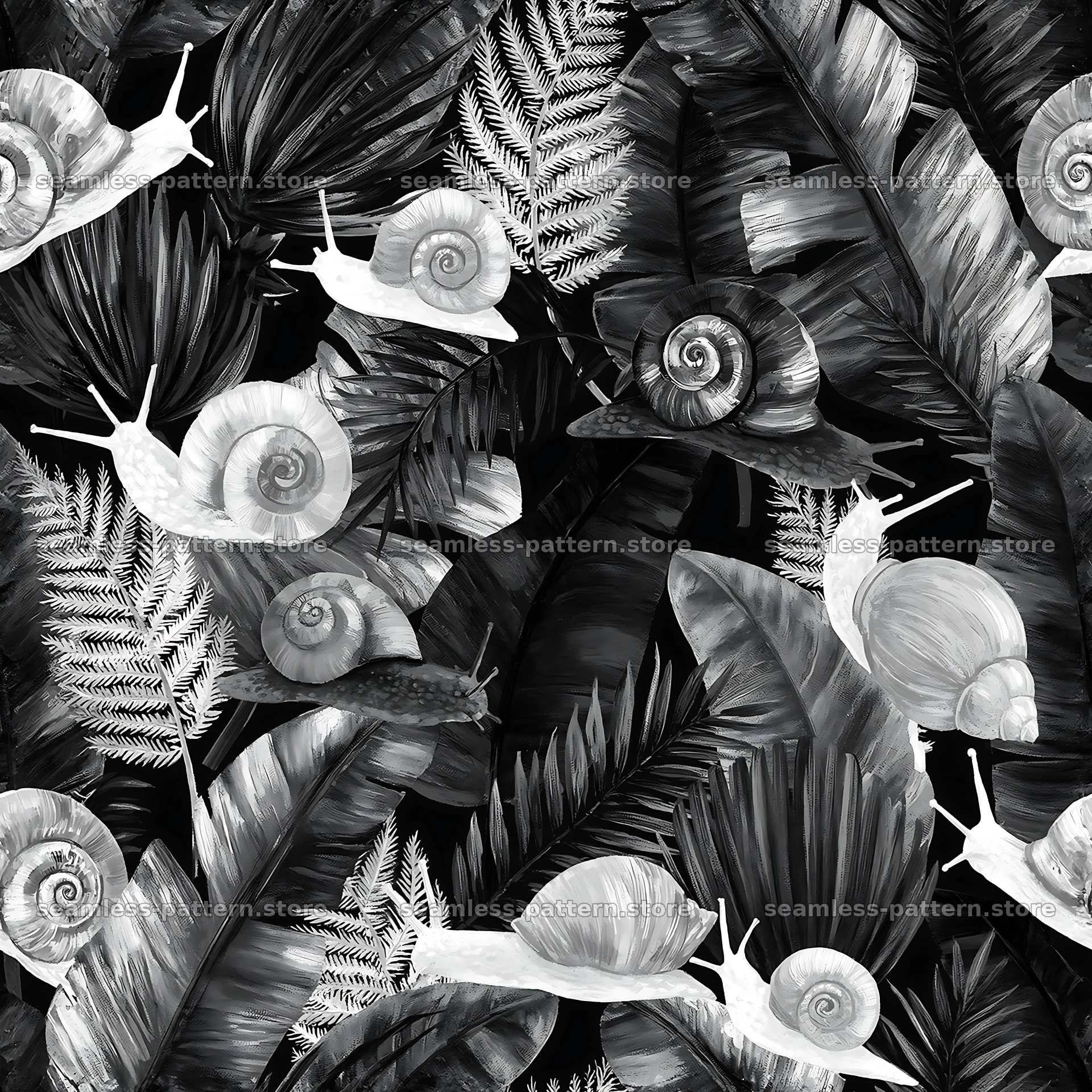 Seamless pattern featuring whimsical snails and foliage — seamless tileable pattern