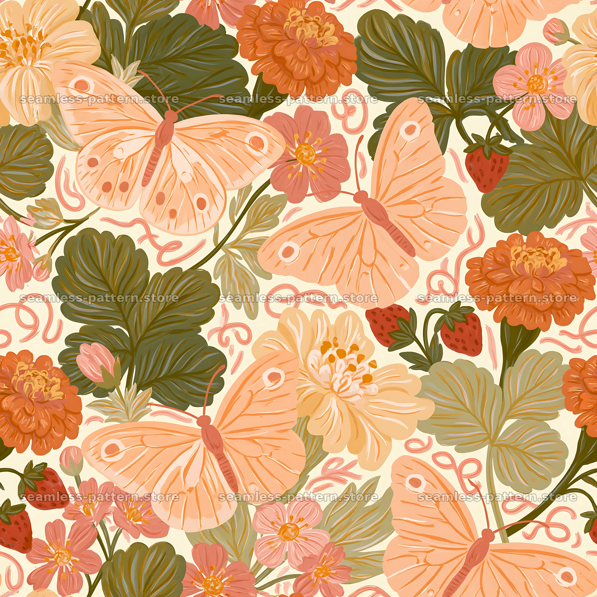 Fairy garden butterfly seamless pattern with flowers and leaves — seamless tileable pattern
