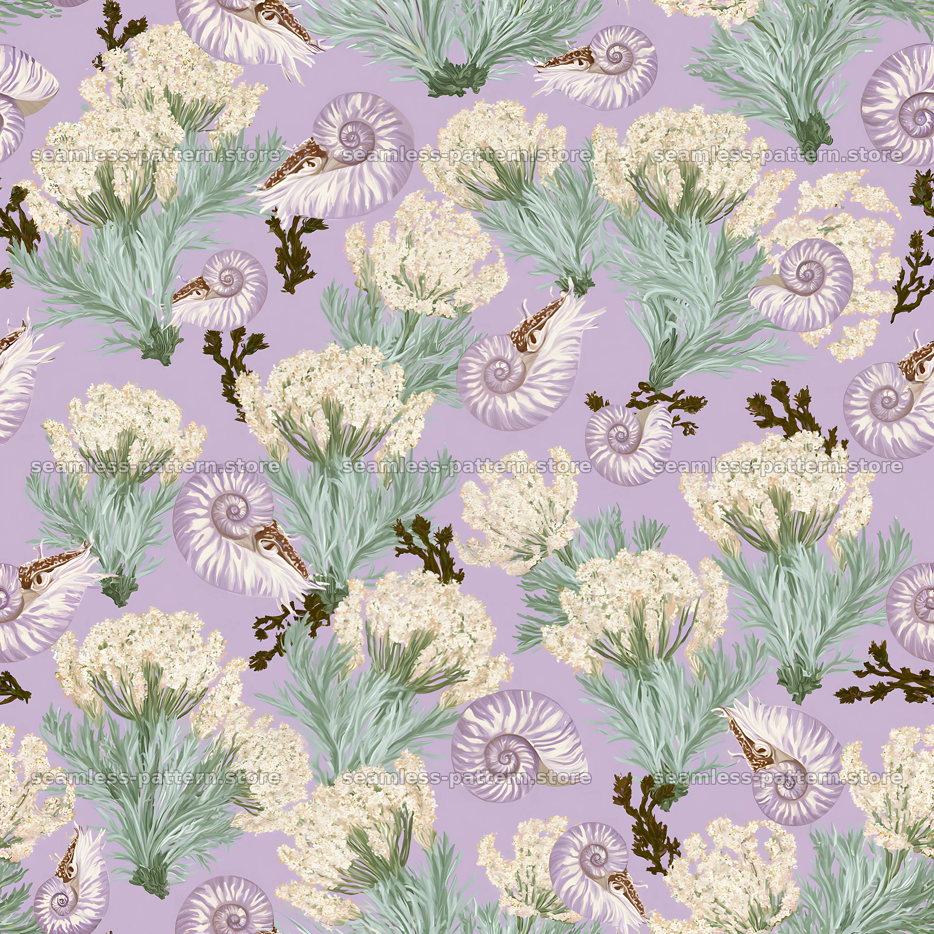 Seamless pattern of spiral shells and moss in soft colors — seamless tileable pattern