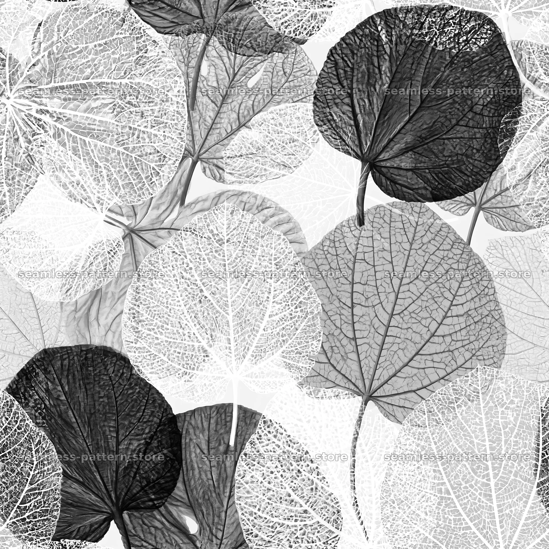 Seamless natural texture repeat pattern with leaves in black and white — seamless tileable pattern