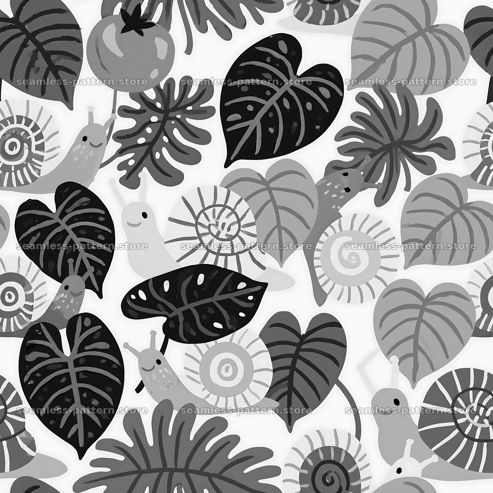 Seamless snail pattern with garden leaves in black and white — seamless tileable pattern