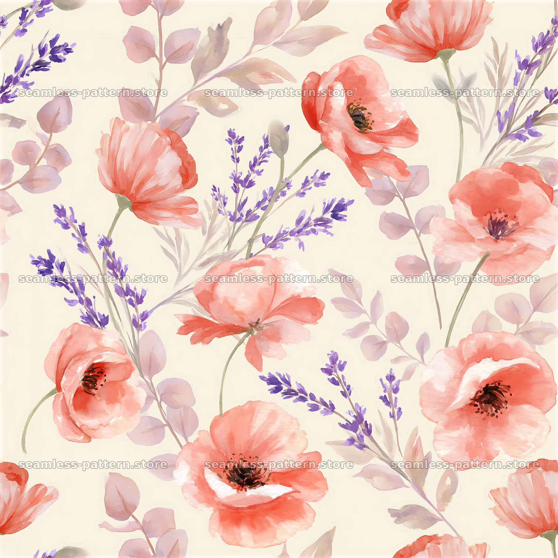 Seamless watercolor soft floral pattern with pink and lavender flowers — seamless tileable pattern at 8192x8192
