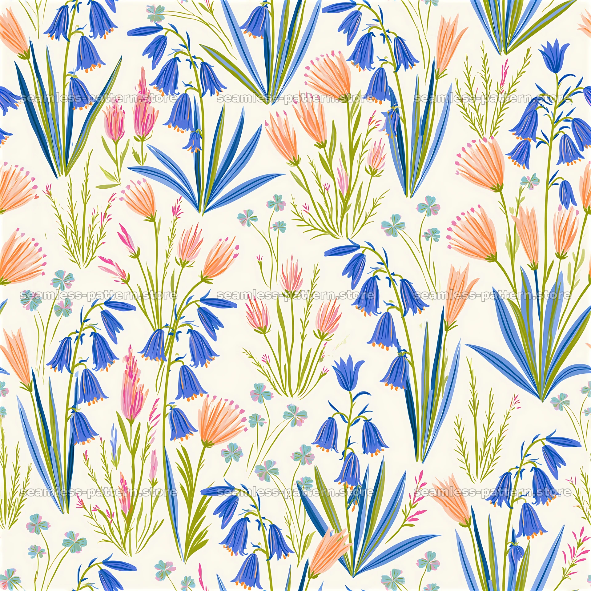 Blue floral and leaf pattern with a bright botanical design — seamless tileable pattern at 8192x8192