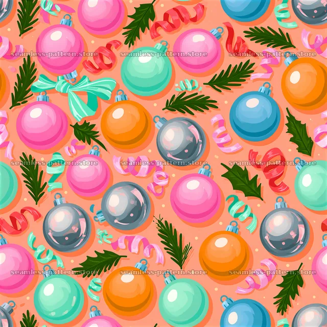 Colorful Christmas seamless pattern with metallic baubles — seamless tileable pattern
