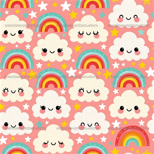 Happy cloud seamless pattern for kids with rainbows and stars — seamless tileable pattern