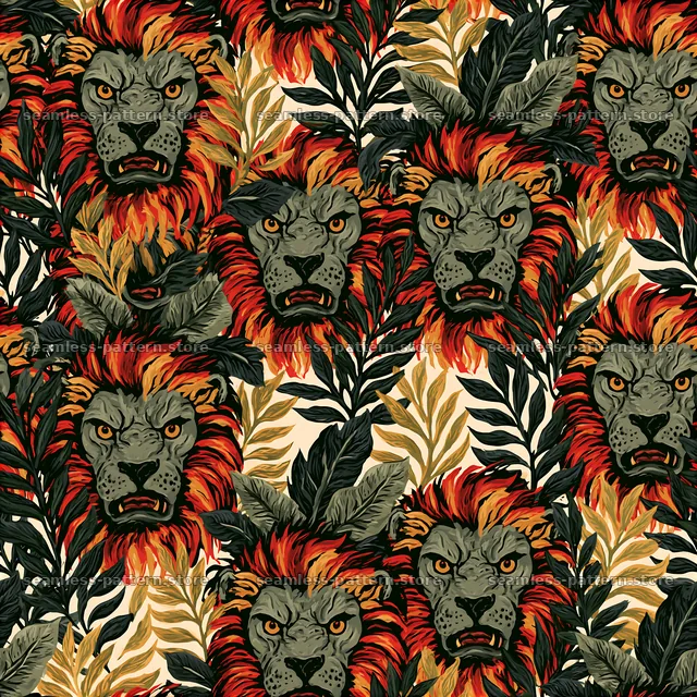 Jungle lion head tileable pattern with leaves and vibrant colors — seamless tileable pattern