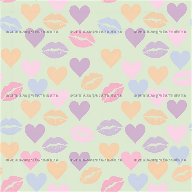Seamless pattern with lipstick stamps and pastel hearts — seamless tileable pattern