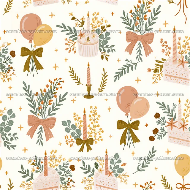Birthday vintage seamless pattern featuring cakes, flowers, and balloons — seamless tileable pattern