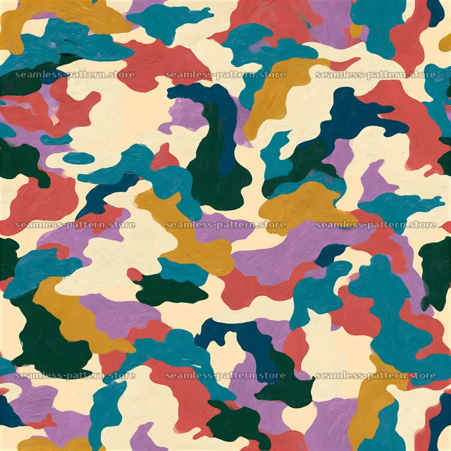 Multicolor camouflage print created with abstract shapes and colors — seamless tileable pattern