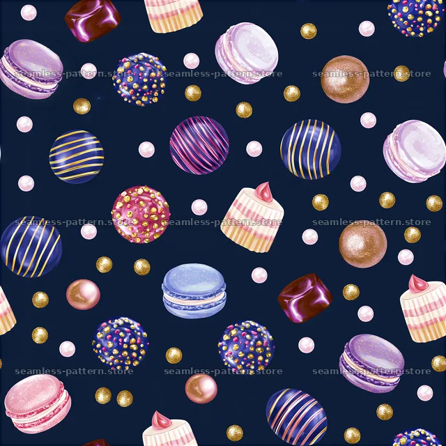 Birthday party sweets seamless pattern with macarons and candies — seamless tileable pattern