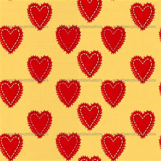 Stitched hearts repeating pattern with yellow background — seamless tileable pattern