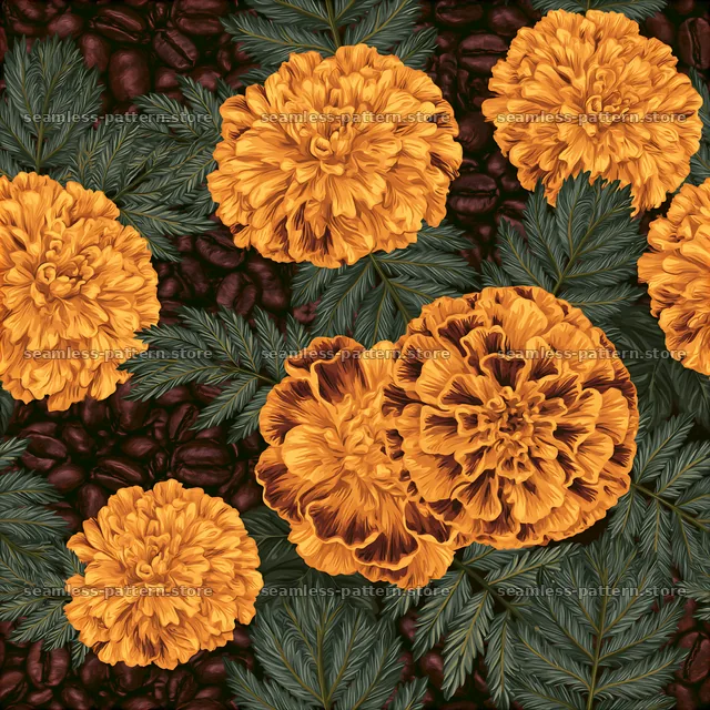 Seamless coffee beans and flowers pattern with marigold blooms — seamless tileable pattern