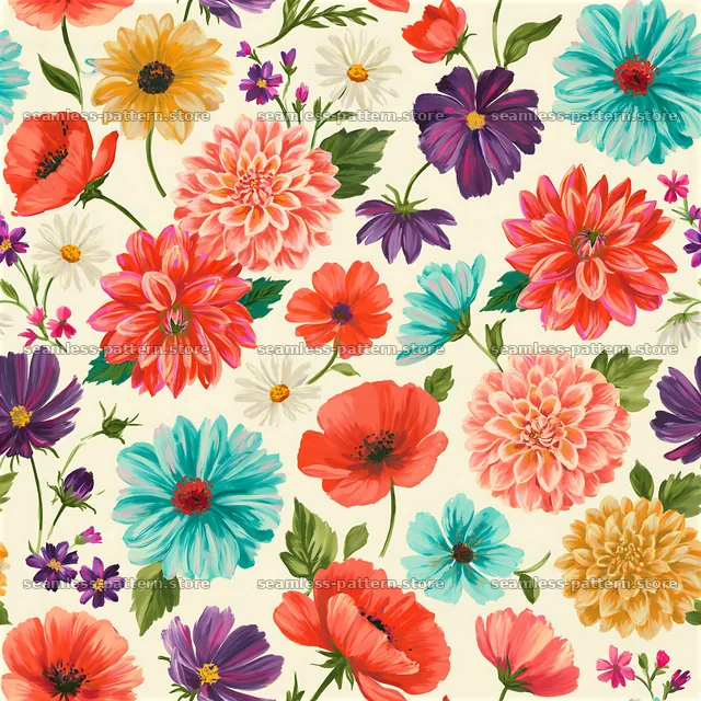 Colorful garden flowers repeat pattern design with various flower types — seamless tileable pattern