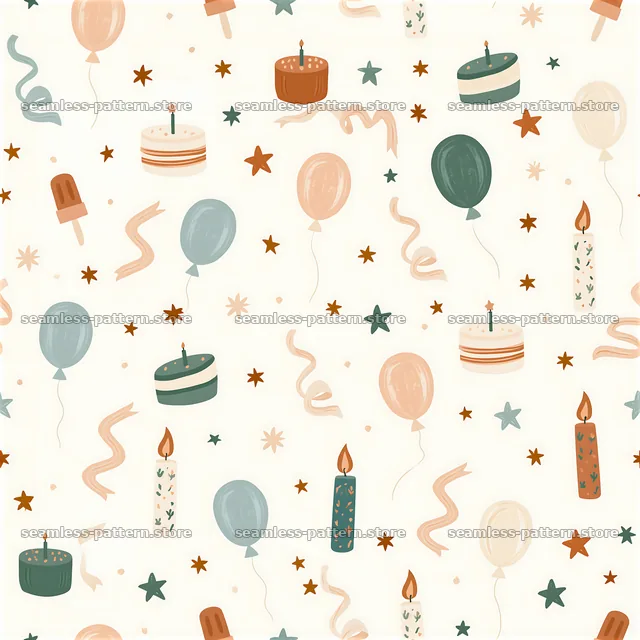 Birthday card tileable pattern with cakes, balloons, and candles — seamless tileable pattern
